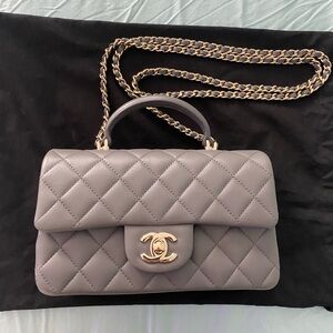 CHANEL Gray Quilted Mini Flap top handle with Gold Chain